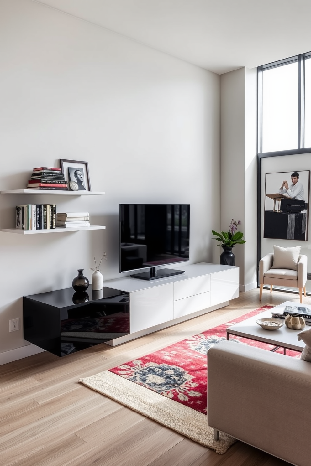 A modern media console with a minimalist design sits against the wall, featuring clean lines and a high-gloss finish. The console is flanked by stylish floating shelves that display curated decor items and books, enhancing the sleek aesthetic of the condo living room. The color palette consists of neutral tones, complemented by bold accent pieces such as a vibrant area rug and contemporary artwork. Large windows allow natural light to flood the space, illuminating the cozy seating area arranged for both comfort and conversation.