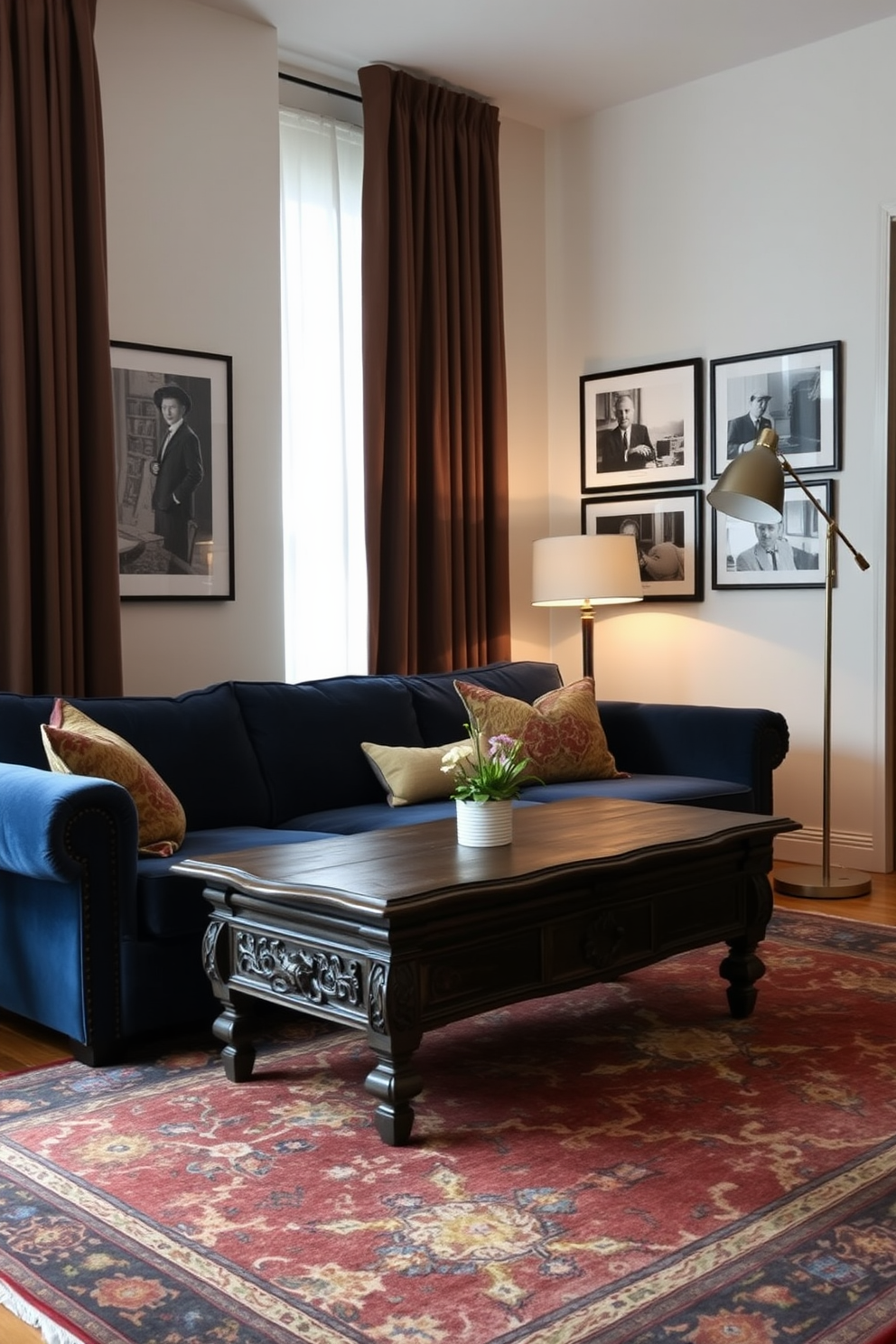 A cozy condo living room featuring a blend of modern and vintage elements. A plush, deep blue velvet sofa is paired with an antique wooden coffee table, showcasing intricate carvings and a weathered finish. On the walls, framed black and white photographs add a touch of nostalgia, while a vintage area rug with rich colors anchors the space. A mid-century floor lamp stands beside the sofa, casting a warm glow over the room's inviting atmosphere.