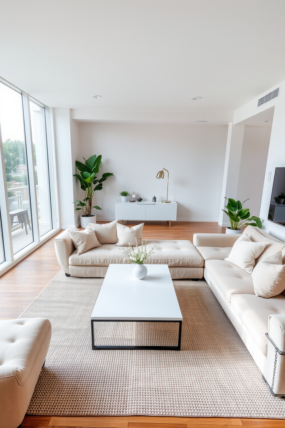 A serene condo living room featuring a plush sectional sofa in soft beige with accent pillows in muted tones. A sleek coffee table sits in front, complemented by a textured area rug that adds warmth to the space. Large windows allow natural light to flood the room, enhancing the airy feel. On one wall, a minimalist entertainment unit blends seamlessly with the neutral color scheme, while a few potted plants introduce a touch of greenery.