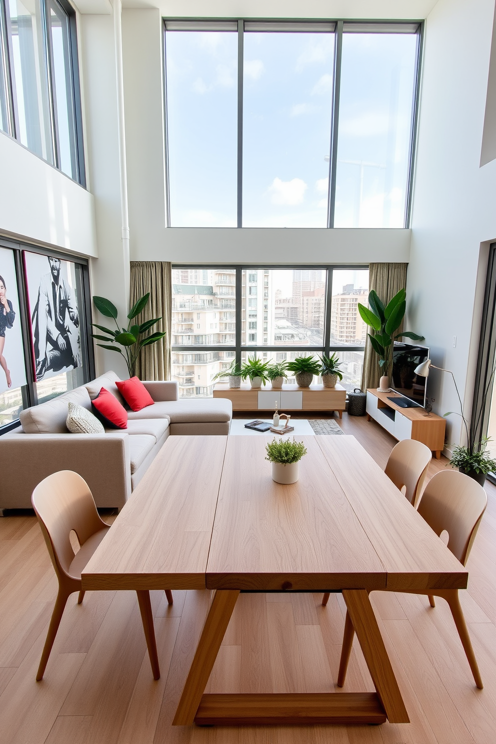 A modern condo living room featuring a foldable dining table that seamlessly integrates into the space. The table is crafted from light wood and can be easily expanded for gatherings, surrounded by stylish, minimalist chairs. The living area showcases a cozy sectional sofa in a neutral tone, accented with vibrant throw pillows. Large windows allow natural light to flood the room, highlighting a sleek media console and decorative plants that bring life to the space.