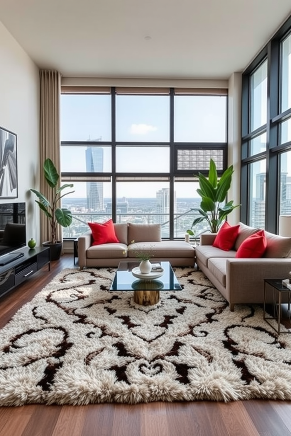 A stylish condo living room featuring a plush statement rug that adds visual interest and warmth to the space. The room is adorned with a contemporary sectional sofa in a neutral tone, complemented by vibrant throw pillows and a sleek coffee table at the center. Large windows allow natural light to flood the room, highlighting the elegant artwork on the walls. A modern entertainment unit is positioned against one wall, while indoor plants bring a touch of greenery to the sophisticated atmosphere.