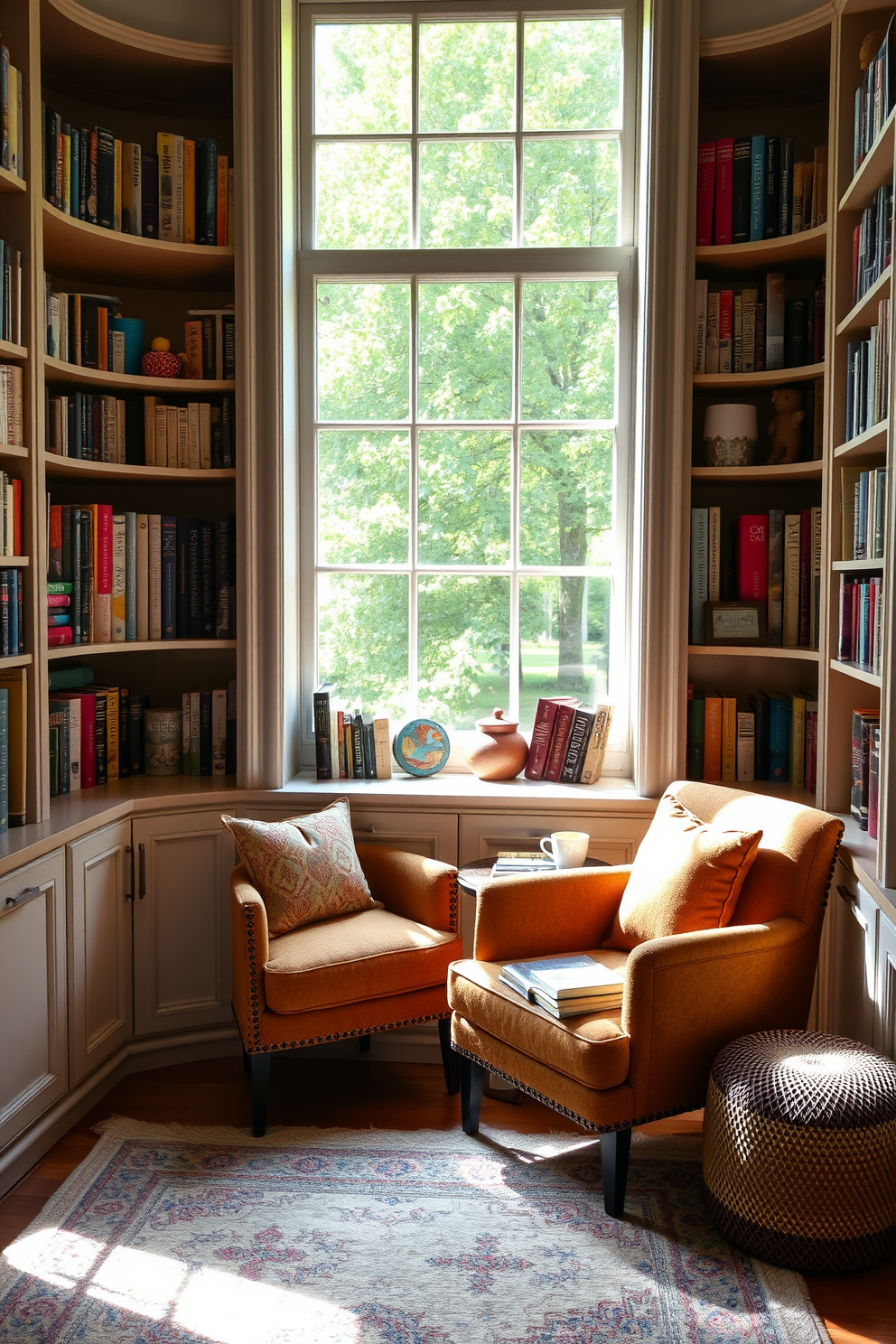 Create a cozy reading nook by a large window with soft natural light pouring in. A plush armchair upholstered in a warm fabric is positioned next to a small side table holding a stack of books and a steaming cup of tea. Surround the nook with built-in bookshelves filled with colorful novels and decorative items. Add a soft area rug beneath the chair to enhance comfort and warmth in the space.