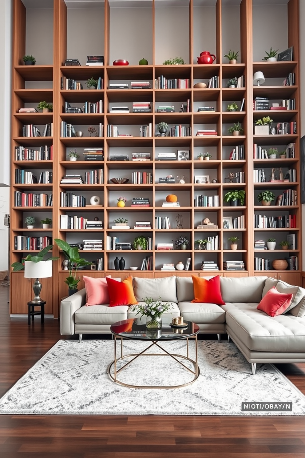 A modern condo living room with tall shelves that reach the ceiling, creating an impressive focal point. The shelves are filled with a mix of books, decorative items, and plants, adding personality and warmth to the space. The seating area features a sleek sectional sofa in a neutral color, complemented by vibrant throw pillows. A stylish coffee table sits in the center, surrounded by a cozy area rug that defines the living space.