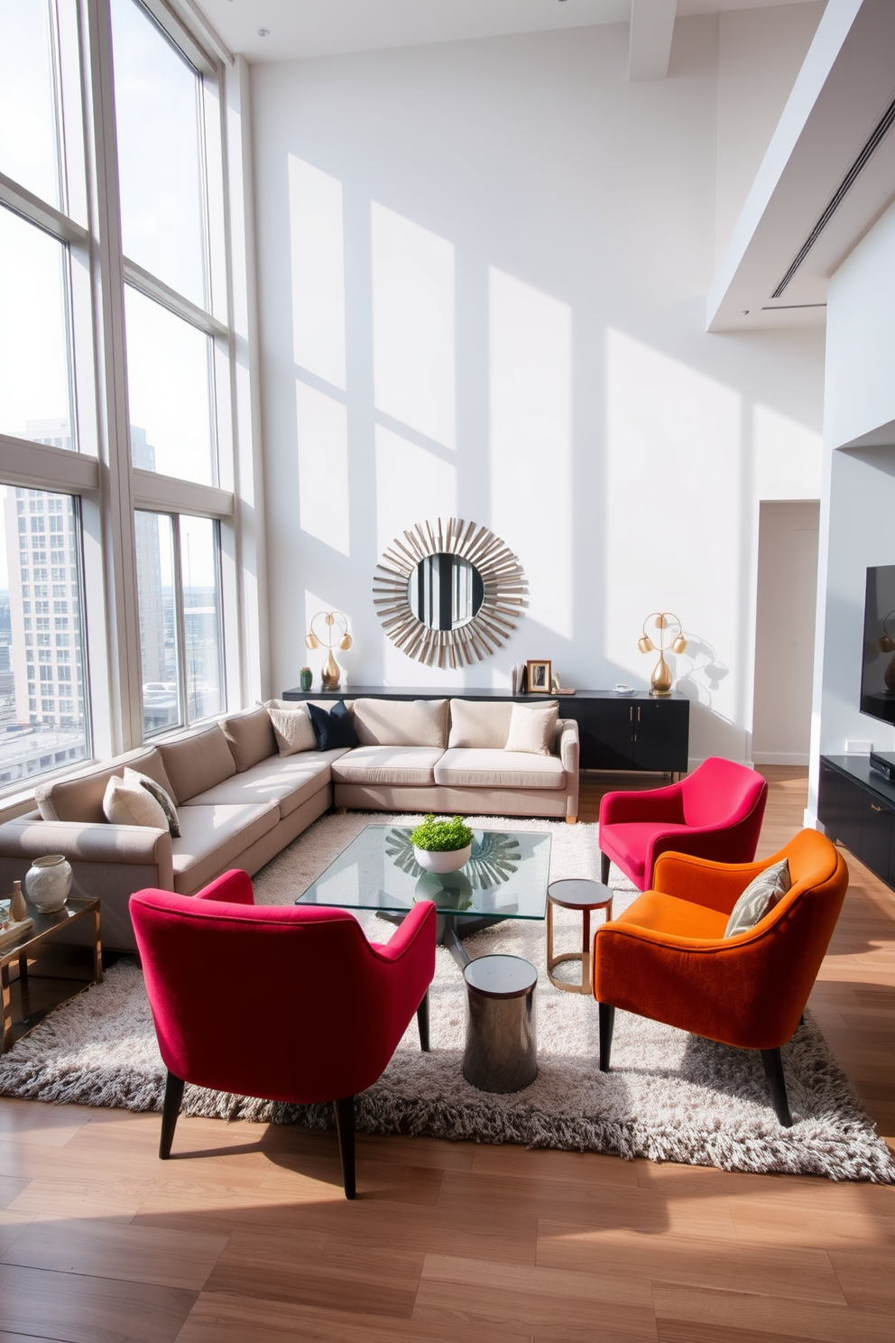 A stylish condo living room featuring a spacious layout with large windows allowing natural light to flood the area. The focal point is a sleek sectional sofa in a neutral tone, complemented by a glass coffee table and a plush area rug. On the wall opposite the sofa, a large decorative mirror is mounted to create an illusion of depth and brightness. Accent chairs in bold colors are arranged around the coffee table, adding a pop of vibrancy to the overall design.