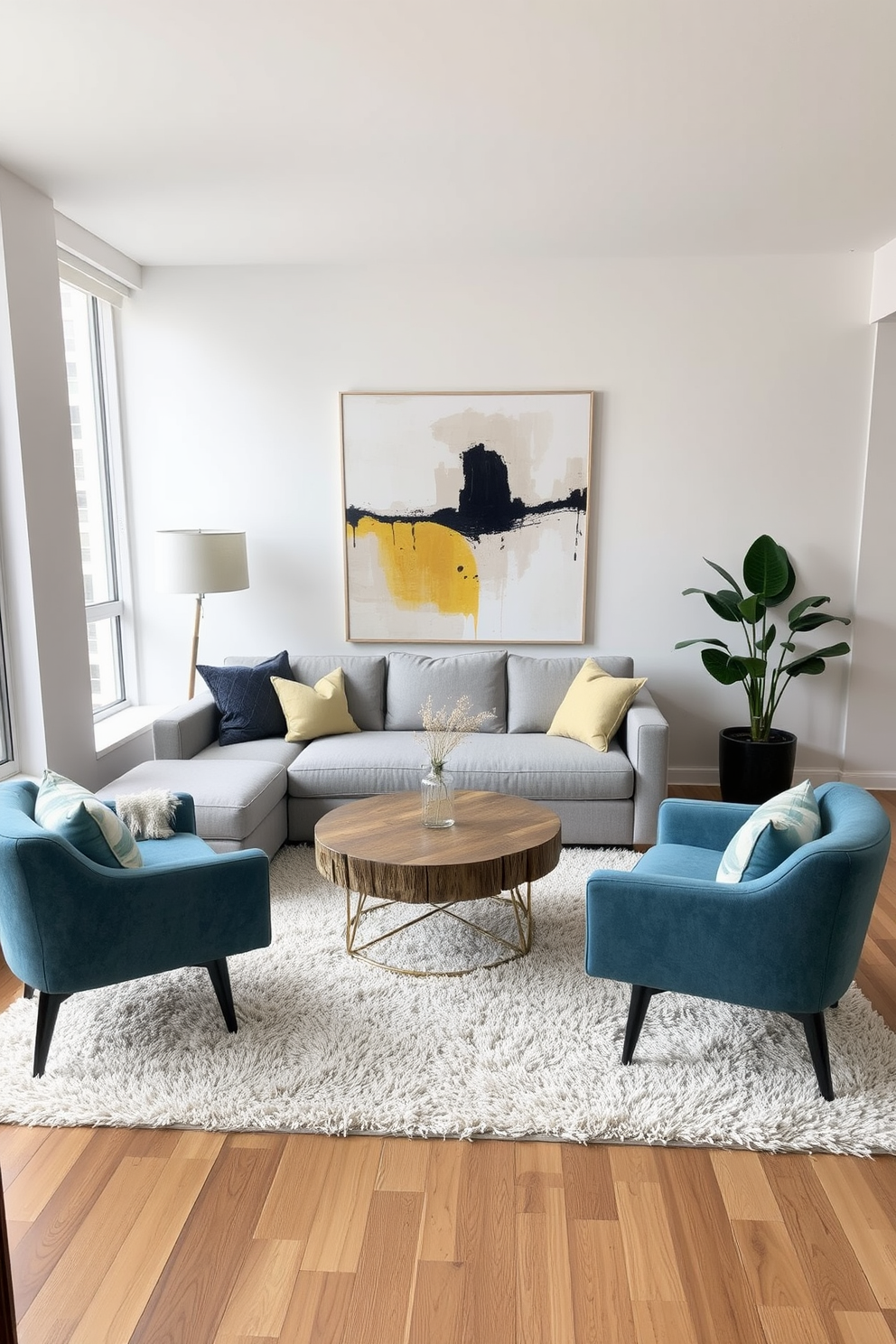 A cozy condo living room featuring a compact sectional sofa in a soft gray fabric, positioned against a wall to maximize space. A round coffee table made of reclaimed wood sits in front of the sofa, complemented by two stylish accent chairs that can be easily moved. The walls are painted in a light neutral tone to create an airy feel, with a large piece of abstract art serving as a focal point. A plush area rug anchors the seating area, while floor-to-ceiling windows allow natural light to flood the space, enhancing the inviting atmosphere.