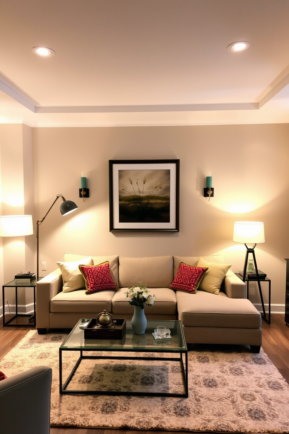 A cozy condo living room featuring layered lighting that creates warmth and ambiance. The space includes a plush sectional sofa in a neutral tone, complemented by colorful throw pillows and a soft area rug beneath a sleek coffee table. Recessed ceiling lights provide a soft glow, while stylish floor lamps add additional illumination in the corners. Decorative wall sconces frame the artwork above the sofa, enhancing the inviting atmosphere of the room.