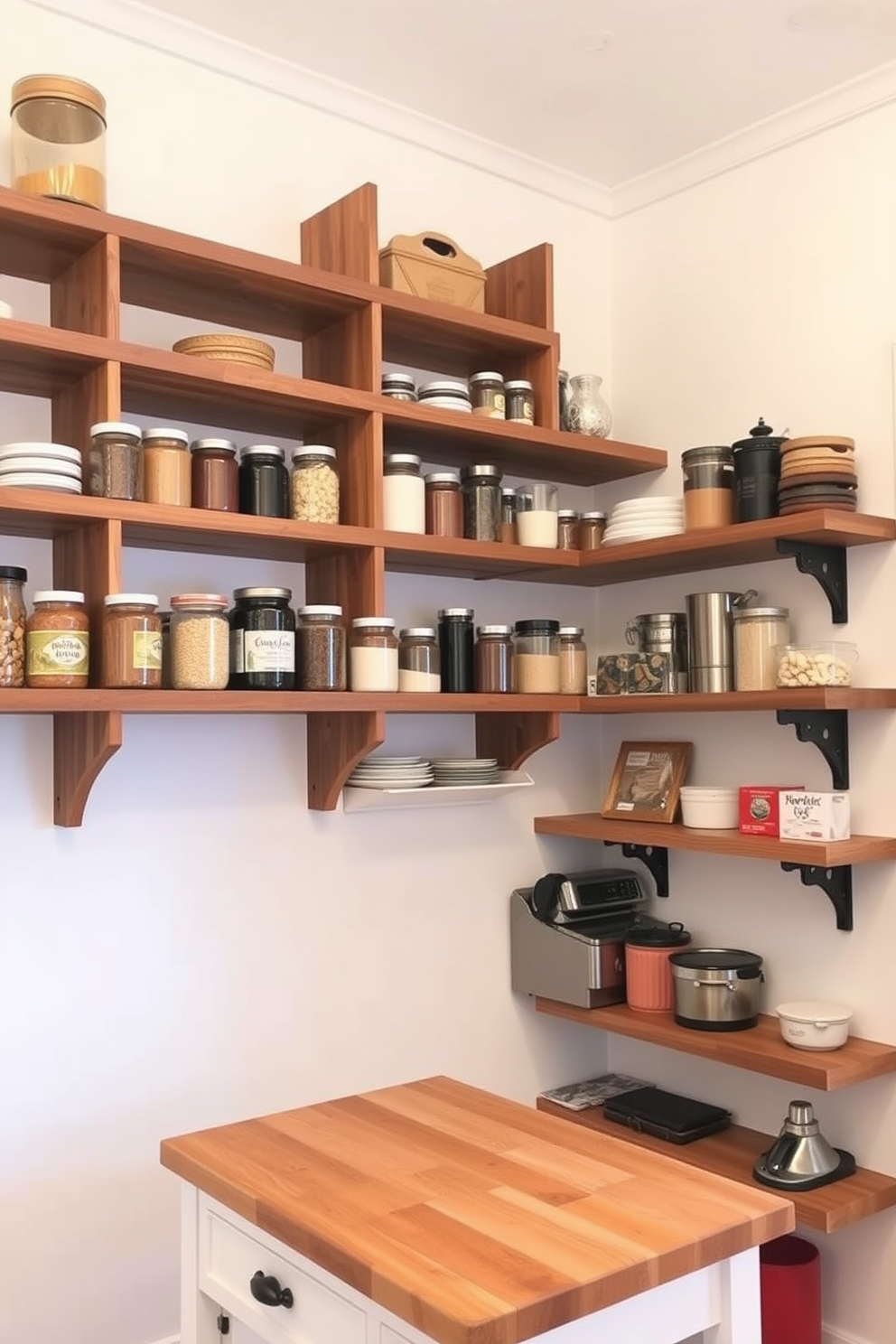 Open shelving creates a practical and stylish space for easy access to pantry items. The shelves are made of reclaimed wood and are arranged in a staggered pattern, allowing for both storage and display of jars and containers. The walls are painted in a soft white hue to enhance the brightness of the room. A small island with a butcher block top provides additional counter space for meal prep and organization.