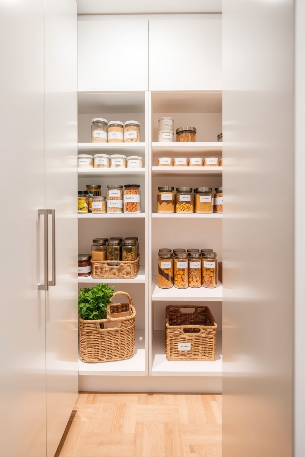 A modern condo pantry with sleek cabinetry and open shelving. The walls are painted in a soft white hue, and the floor features light hardwood for a warm touch. Containers are neatly labeled for quick identification, showcasing a minimalist aesthetic. A decorative basket holds fresh herbs, adding a pop of green to the space.