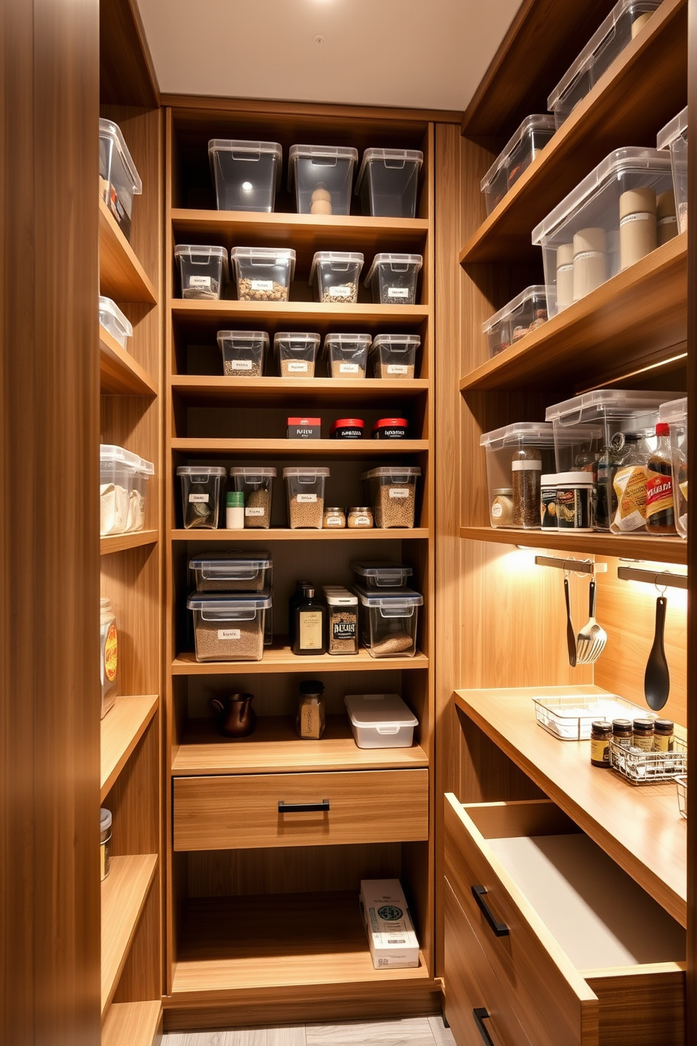 A modern condo pantry featuring multi-tiered shelving that maximizes vertical space. The shelves are made of sleek wood and are organized with clear storage bins and labeled containers for easy access. The pantry includes a pull-out drawer for spices and a section for hanging utensils. Soft LED lighting illuminates the shelves, creating an inviting atmosphere while enhancing visibility.