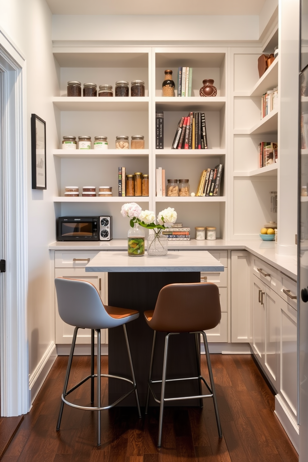 A modern condo pantry featuring a small kitchen island at its center. The island is topped with a sleek quartz surface and surrounded by stylish bar stools, creating a cozy dining space. The pantry walls are painted in a soft white, complemented by open shelving displaying neatly organized jars and cookbooks. Below the shelves, a combination of pull-out drawers and cabinets provide ample storage for kitchen essentials.