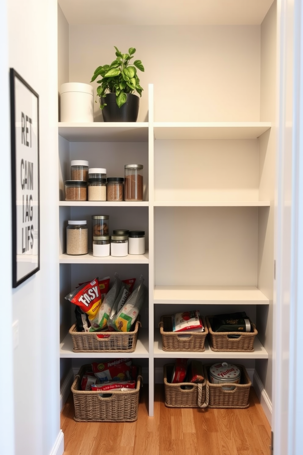 A modern condo pantry featuring open shelving with under-shelf baskets for additional storage. The walls are painted in a light gray hue, and the flooring is a warm wood finish that complements the overall aesthetic. The shelves are neatly organized with various containers, and the under-shelf baskets are filled with snacks and essentials. A small potted herb plant sits on the top shelf, adding a touch of greenery to the space.