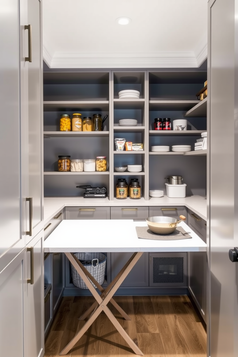 A modern condo pantry featuring a fold-down table for meal prep. The walls are painted in a soft gray, and open shelving displays neatly organized jars and cooking essentials.