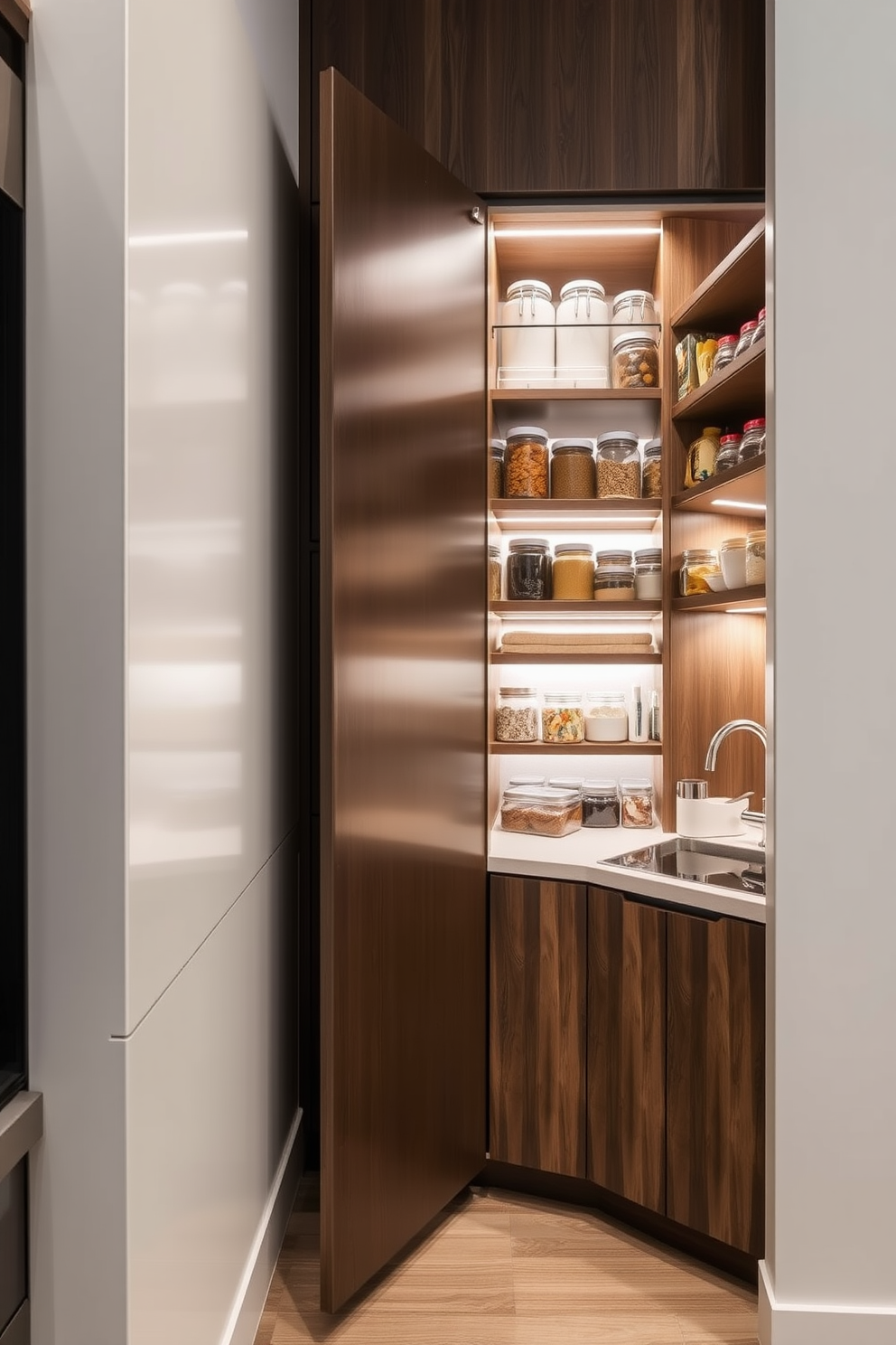 A hidden pantry discreetly located behind a sleek cabinet door offers a seamless integration into the condo's modern kitchen. Inside, shelves are lined with organized jars and containers, maximizing storage while maintaining a clean aesthetic. The pantry features soft LED lighting that illuminates the space, making it easy to find essentials. A small countertop area allows for meal prep, adding functionality to this cleverly designed storage solution.