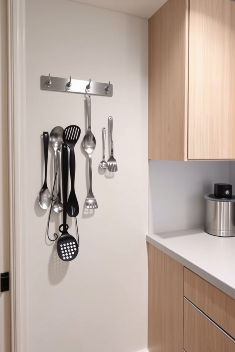 A stylish condo pantry features wall-mounted hooks for hanging utensils, maximizing space and creating an organized look. The cabinetry is sleek and modern, with a light wood finish that complements the bright, airy atmosphere of the room.