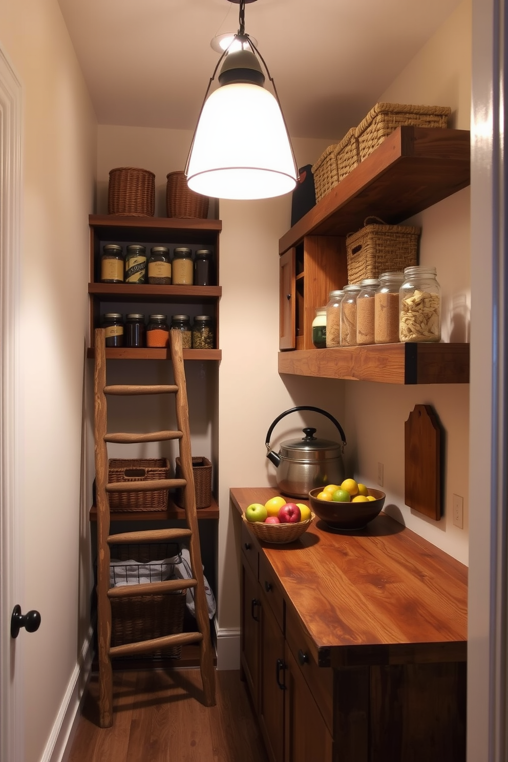 A cozy pantry nook nestled in the hallway features open shelving made of reclaimed wood displaying neatly organized jars and baskets. The walls are painted in a soft cream color, and a small, vintage ladder leans against the shelves for easy access to the top items. A rustic wooden countertop provides additional workspace for meal prep, adorned with a bowl of fresh fruits. Ambient lighting from a pendant lamp above creates a warm and inviting atmosphere, making the pantry both functional and aesthetically pleasing.