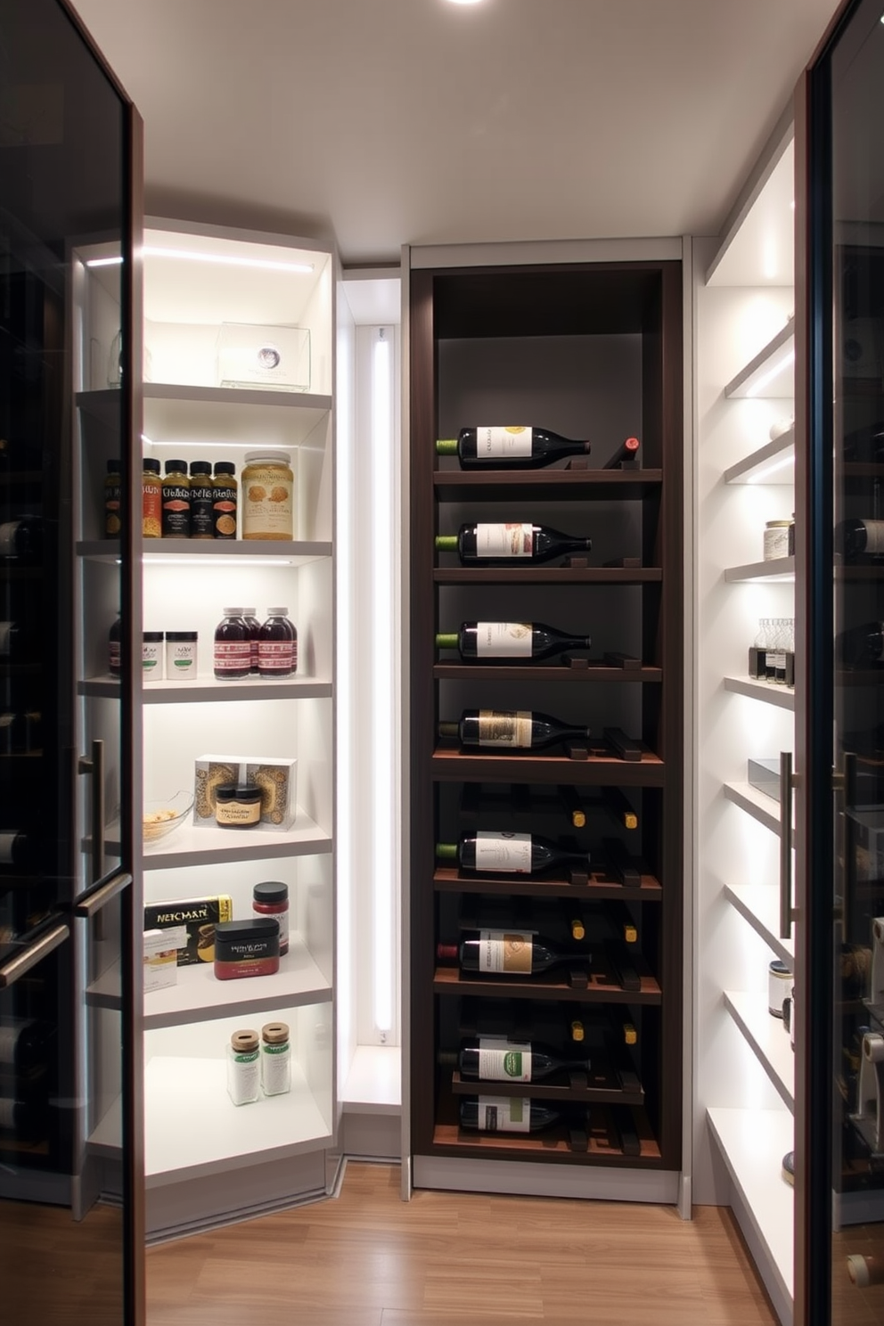 A modern condo pantry featuring a sleek wine rack integrated into the cabinetry. The wine rack is made of dark wood and holds several bottles, complementing the light-colored shelves filled with neatly organized pantry items. The pantry has a minimalist design with clean lines and ample storage space. Soft LED lighting highlights the wine rack and creates an inviting ambiance throughout the space.