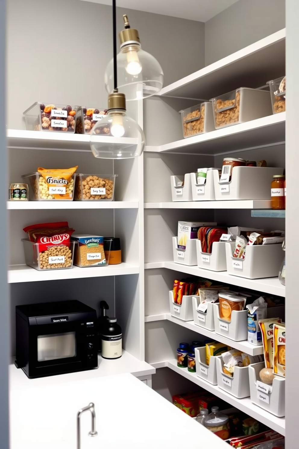 A modern condo pantry featuring clear bins for easy visibility and organization. The walls are painted in a soft gray, and the shelving is made of sleek white wood, maximizing storage space. The pantry includes labeled bins for snacks, cereals, and dry goods, all arranged neatly on the shelves. A small countertop area is designed for meal prep, complemented by a stylish pendant light hanging above.