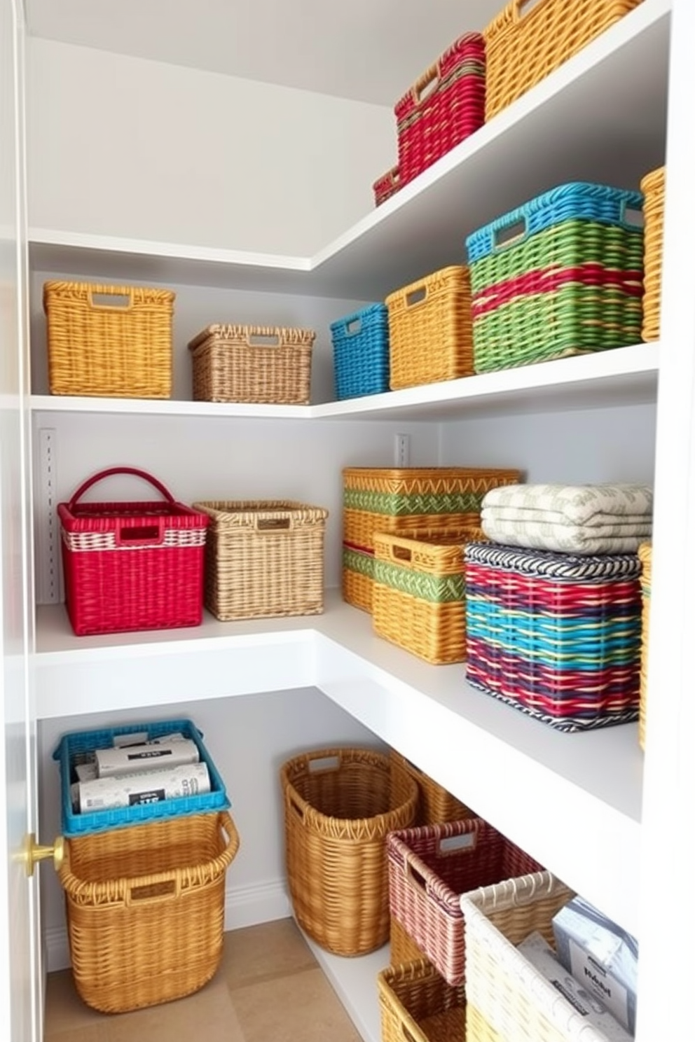 A modern condo pantry featuring colorful woven baskets arranged on open shelves for organized storage. The walls are painted in a soft white, creating a bright and airy atmosphere, while the baskets add vibrant pops of color and texture.