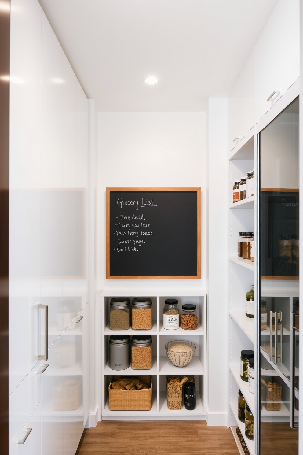 A modern condo pantry with sleek cabinetry and open shelving. The walls are painted in a soft white hue, creating a bright and airy atmosphere. A large chalkboard is mounted on one wall for grocery lists and meal planning. The pantry features a mix of wooden and metal accents, with organized jars and containers for easy access to ingredients.