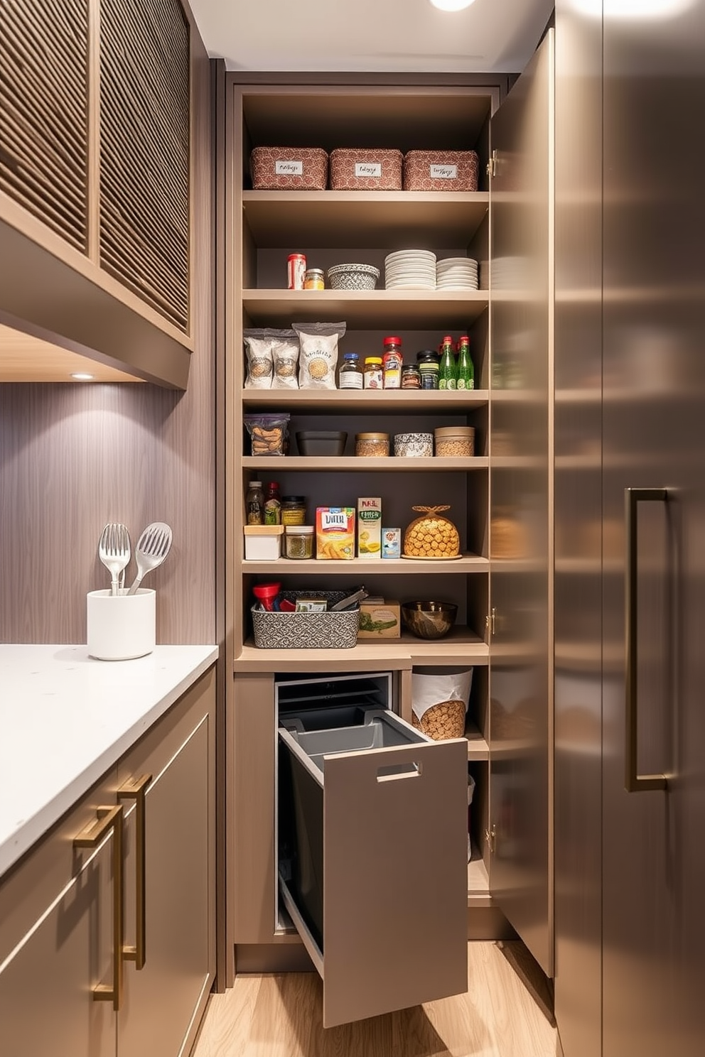 A modern condo pantry featuring a sleek design with a pull-out trash bin seamlessly integrated into the cabinetry. The pantry is organized with open shelving for easy access to dry goods and a countertop for meal prep.