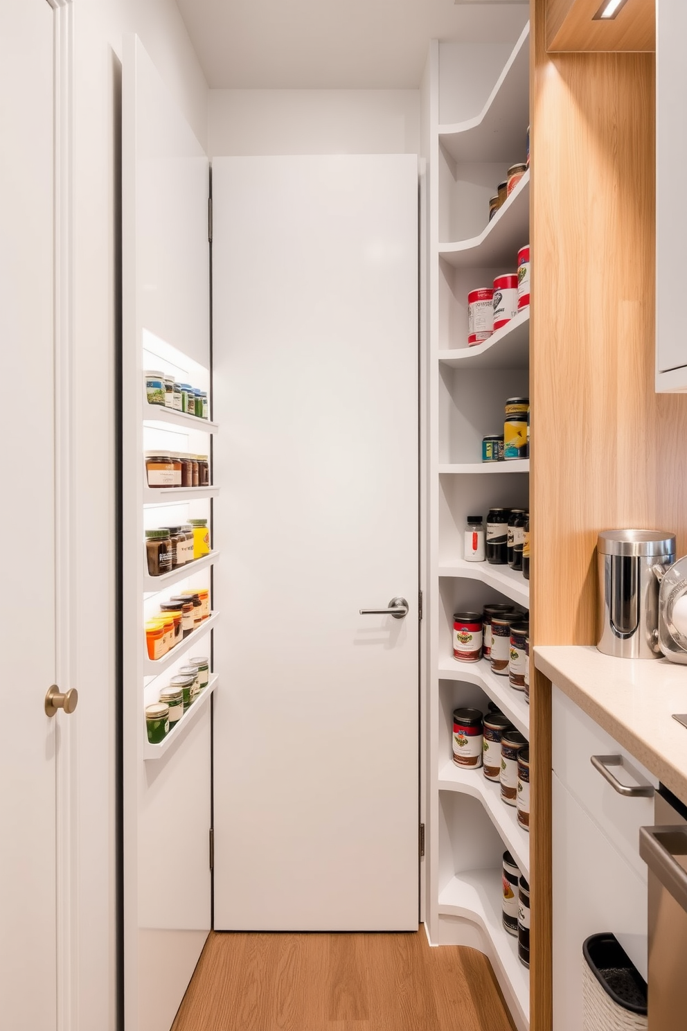 A modern condo pantry design featuring efficient storage solutions. The back of the door is equipped with sleek shelves to hold spices and small jars, maximizing space without cluttering the main area. The pantry walls are painted in a bright white, creating an open and airy feel. Open shelving on the side displays neatly organized canned goods and kitchen essentials, complemented by warm wooden accents for a cozy touch.