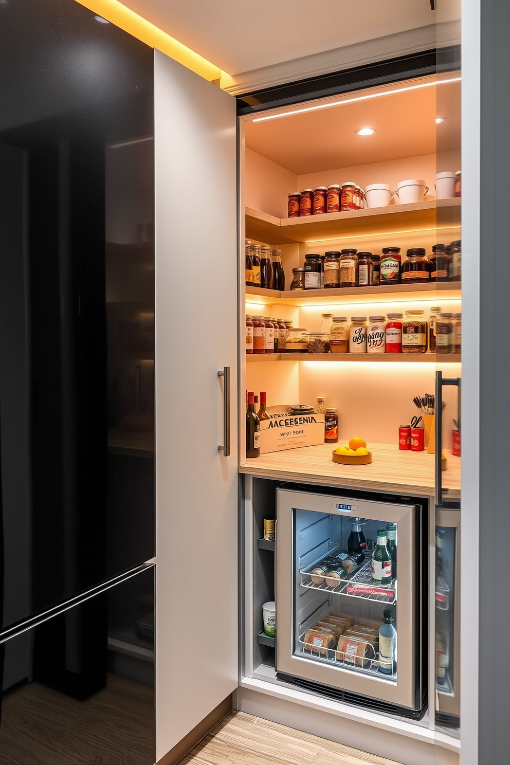 A modern condo pantry design featuring sleek cabinetry with a glossy finish. A small fridge is seamlessly integrated into the cabinetry, providing convenient access to beverages and snacks. The pantry is illuminated with warm LED lighting that highlights the organized shelves filled with glass jars and neatly arranged spices. A cozy nook with a small wooden countertop offers space for meal prep and casual dining.