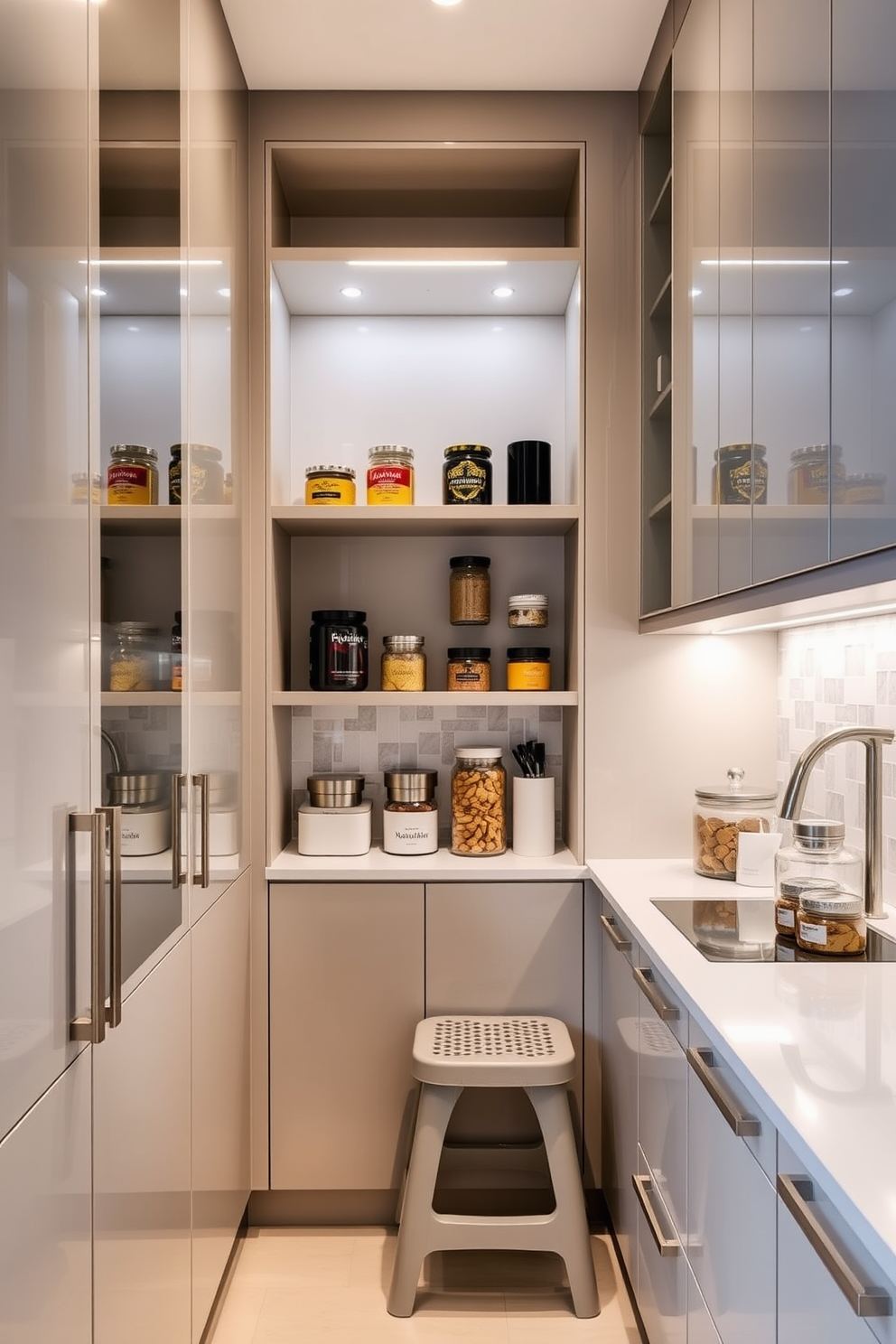 A modern condo pantry featuring sleek cabinetry with a glossy finish and open shelving for easy access. A step stool is included to reach high shelves, ensuring every item is within reach while maintaining a clean and organized look. Bright LED lighting illuminates the space, highlighting the elegant tile backsplash and stylish countertop. Thoughtfully placed jars and containers add a touch of warmth and personality to the contemporary design.