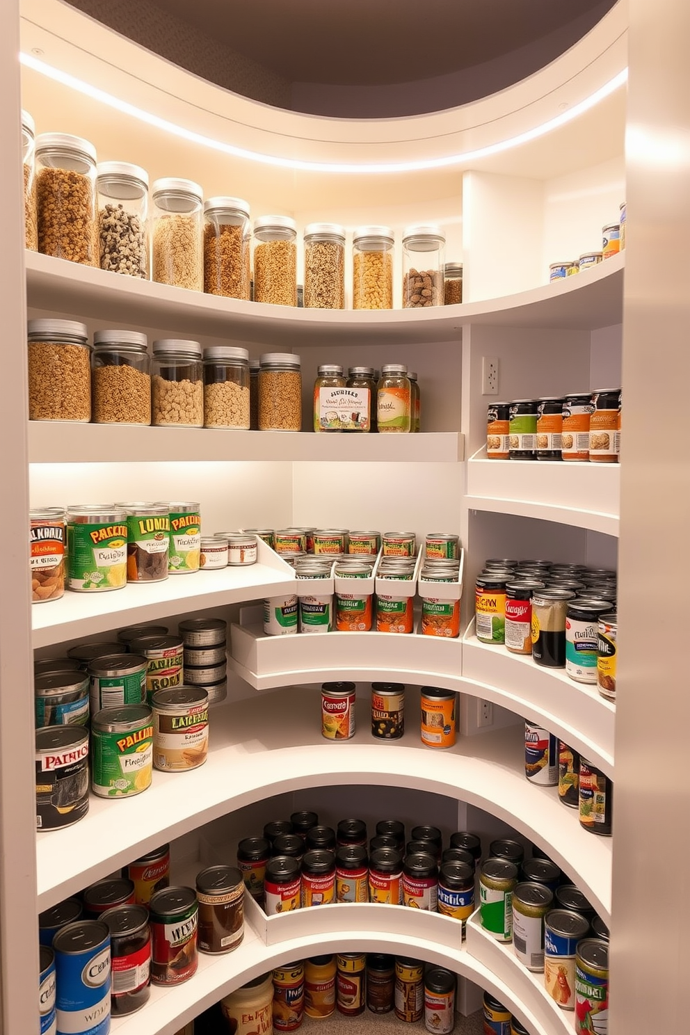 A modern condo pantry with tiered organizers for canned goods. The shelves are made of sleek white wood, maximizing vertical space and allowing easy access to all items. Glass jars filled with grains and snacks line the upper shelves, while the tiered organizers hold colorful canned goods in neat rows. Soft LED lighting illuminates the pantry, creating a warm and inviting atmosphere.