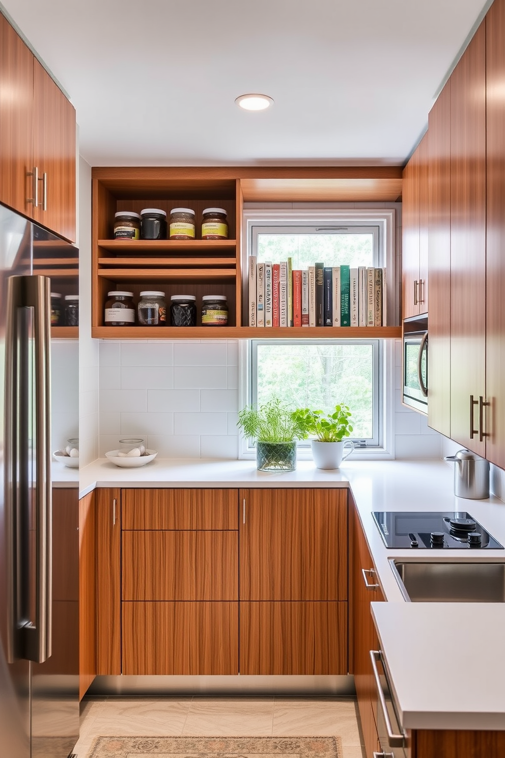 A modern condo pantry designed for efficiency and style. The space features sleek cabinetry with a warm wood finish and an expansive countertop for food prep. Above the countertop, open shelving displays neatly organized jars and cookbooks. A small herb garden sits on the windowsill, adding a touch of greenery and freshness to the space.