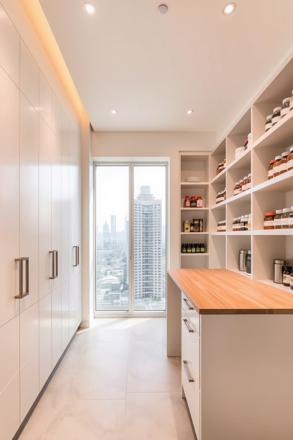 A modern pantry with a large window offering a view of the city skyline. The space features sleek white cabinetry with minimalist handles and open shelving displaying neatly arranged jars and spices. A central island provides additional storage and workspace, topped with a light wood surface. The floor is adorned with light gray tiles that complement the bright and airy atmosphere of the room.