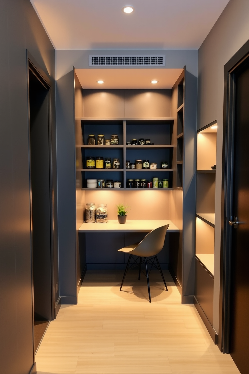 A modern condo pantry featuring a sleek design with built-in shelving and a compact desk area. The pantry is illuminated by warm lighting, and the walls are painted in a soft gray tone, creating a cozy atmosphere. The desk area includes a minimalist chair and a small potted plant, adding a touch of greenery. The shelves are stocked with neatly arranged jars and containers, providing both functionality and aesthetic appeal.