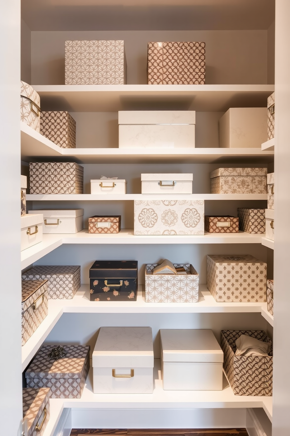 A modern condo pantry featuring decorative boxes for stylish storage. The walls are painted in a light neutral color, and the shelves are lined with various sizes of beautifully designed boxes that complement the overall decor.