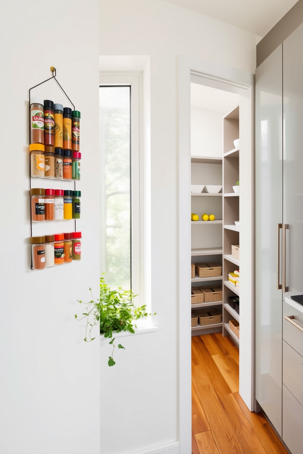 A magnetic spice rack is mounted on the wall, showcasing an array of colorful spice jars that add vibrancy to the space. The pantry features sleek shelving units with a combination of open and closed storage, providing both functionality and style. The walls are painted in a soft white to create an airy atmosphere, while the floor is adorned with warm wooden planks. A small herb garden sits on the windowsill, enhancing the kitchen's charm and accessibility to fresh ingredients.