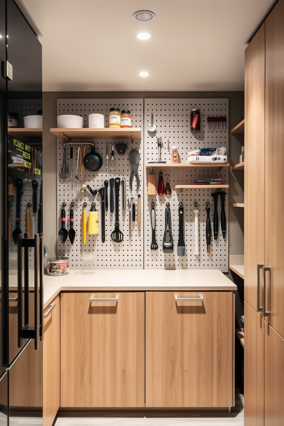 A modern condo pantry featuring a pegboard system for versatile organization. The pegboard is mounted on the wall, showcasing various hooks and shelves for storing kitchen essentials and tools. The pantry includes sleek, minimalist cabinetry in a light wood finish, providing ample storage space. Bright LED lighting illuminates the area, highlighting the organized layout and making it easy to find items.