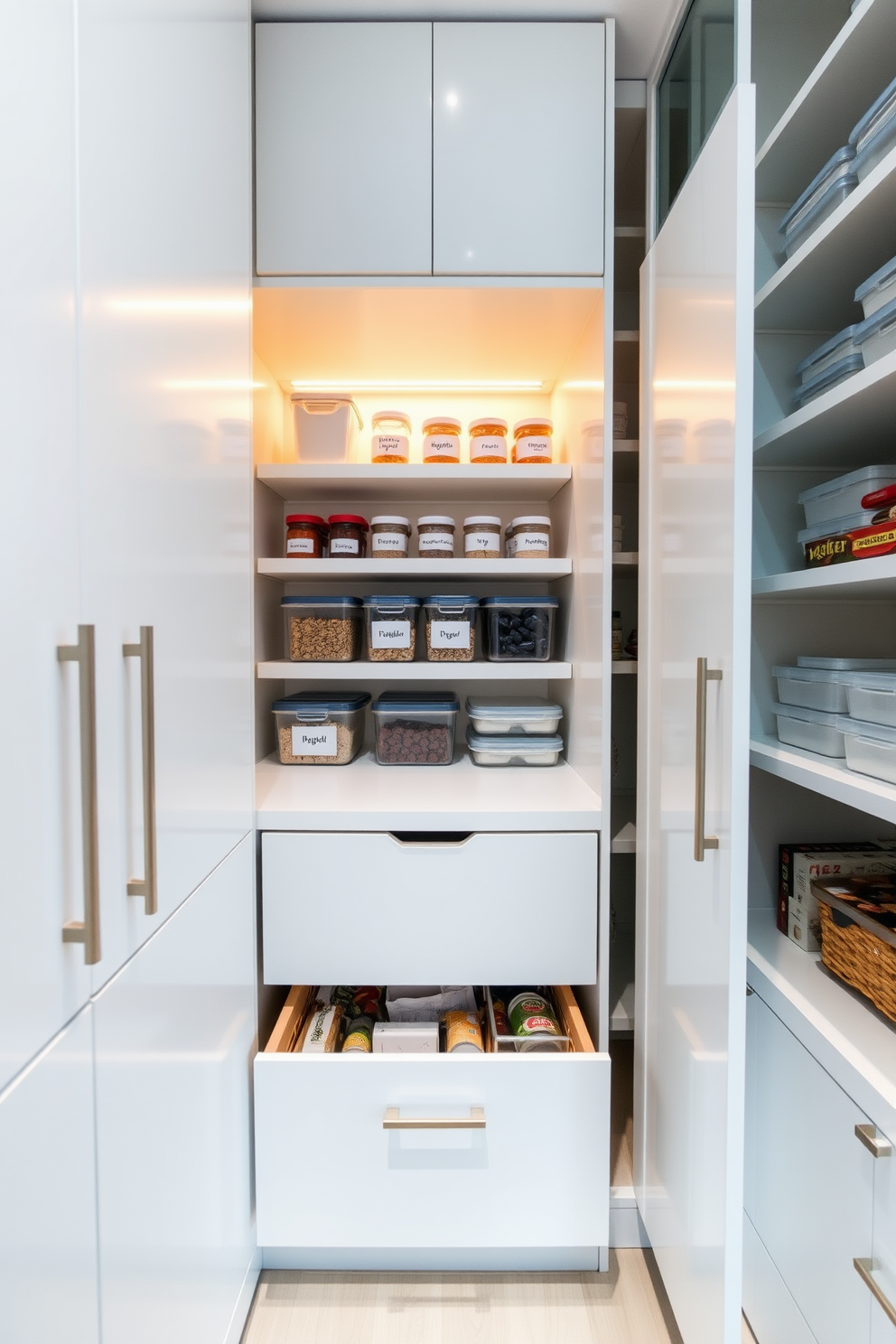 A modern condo pantry with pull-out drawers for hidden storage. The cabinetry features sleek, minimalist lines in a soft white finish, complemented by brushed nickel hardware. The pantry is organized with labeled containers and pull-out shelves that maximize space efficiency. A subtle LED strip light illuminates the interior, creating a warm and inviting atmosphere.