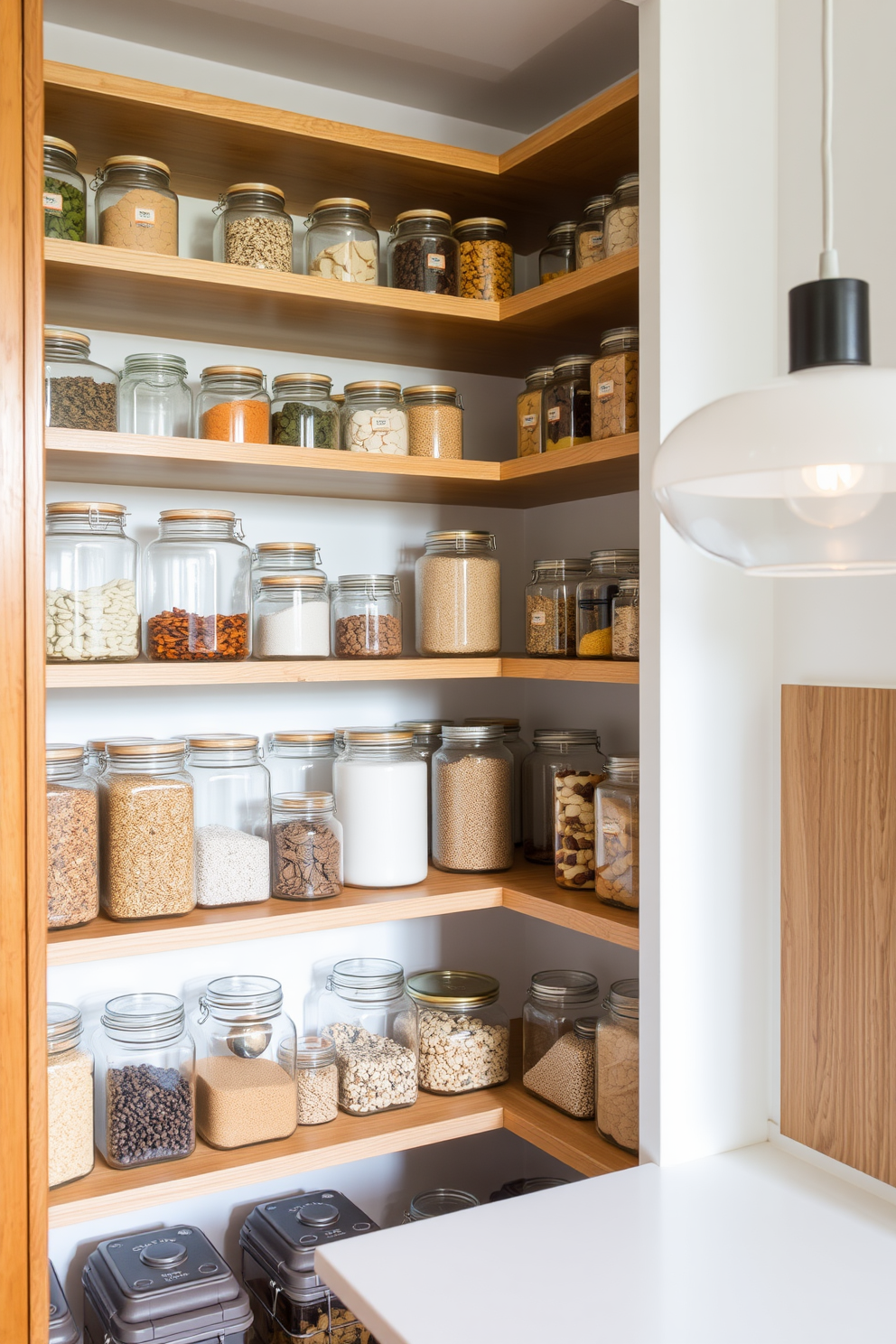 A stylish condo pantry featuring glass jars filled with various dry goods arranged neatly on open wooden shelves. The walls are painted in a soft white, and a sleek countertop provides additional workspace, complemented by modern pendant lighting overhead.