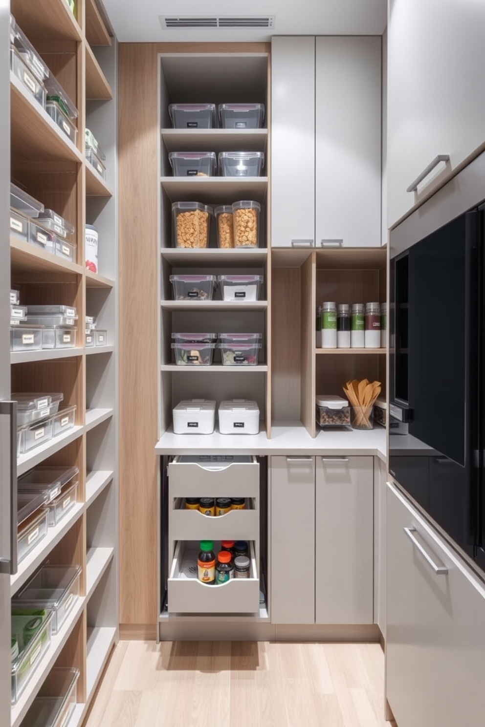 A modern condo pantry featuring vertical storage solutions that maximize space efficiency. The pantry includes sleek shelving units that extend from floor to ceiling, organized with clear bins and labeled containers for easy access. Incorporate a compact pull-out cabinet for spices and small items, seamlessly integrated into the cabinetry. The design utilizes a light color palette with soft wood accents, creating a bright and inviting atmosphere.