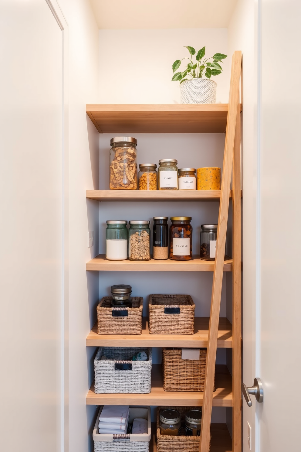 A modern condo pantry featuring a sleek ladder shelf made of light wood. The shelf is filled with neatly organized jars and decorative baskets, creating a stylish yet functional storage solution. The pantry walls are painted in a soft white, enhancing the brightness of the space. A small potted plant sits on the top shelf, adding a touch of greenery to the design.