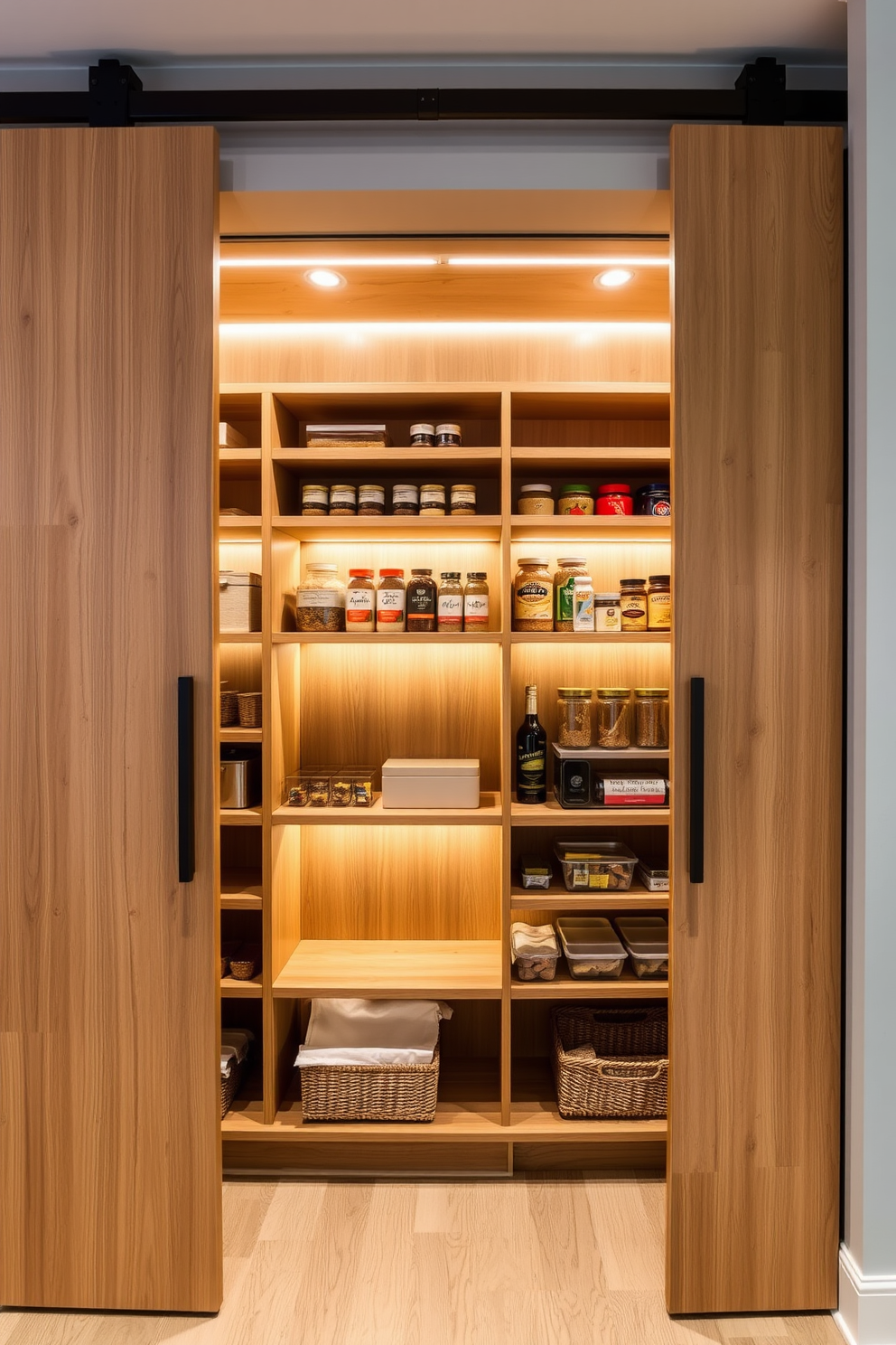 A built-in pantry with sleek sliding doors features an organized layout with open shelving for easy access to spices and dry goods. The pantry is illuminated by warm LED lighting, highlighting the natural wood finish and creating an inviting atmosphere.