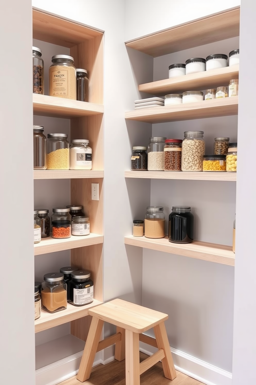 A modern condo pantry featuring corner shelves for optimal space utilization. The shelves are crafted from light wood and filled with neatly organized jars and containers, showcasing a minimalist aesthetic. The pantry walls are painted in a soft gray tone, creating a bright and airy feel. A small, stylish step stool is placed in the corner for easy access to the upper shelves, enhancing functionality.