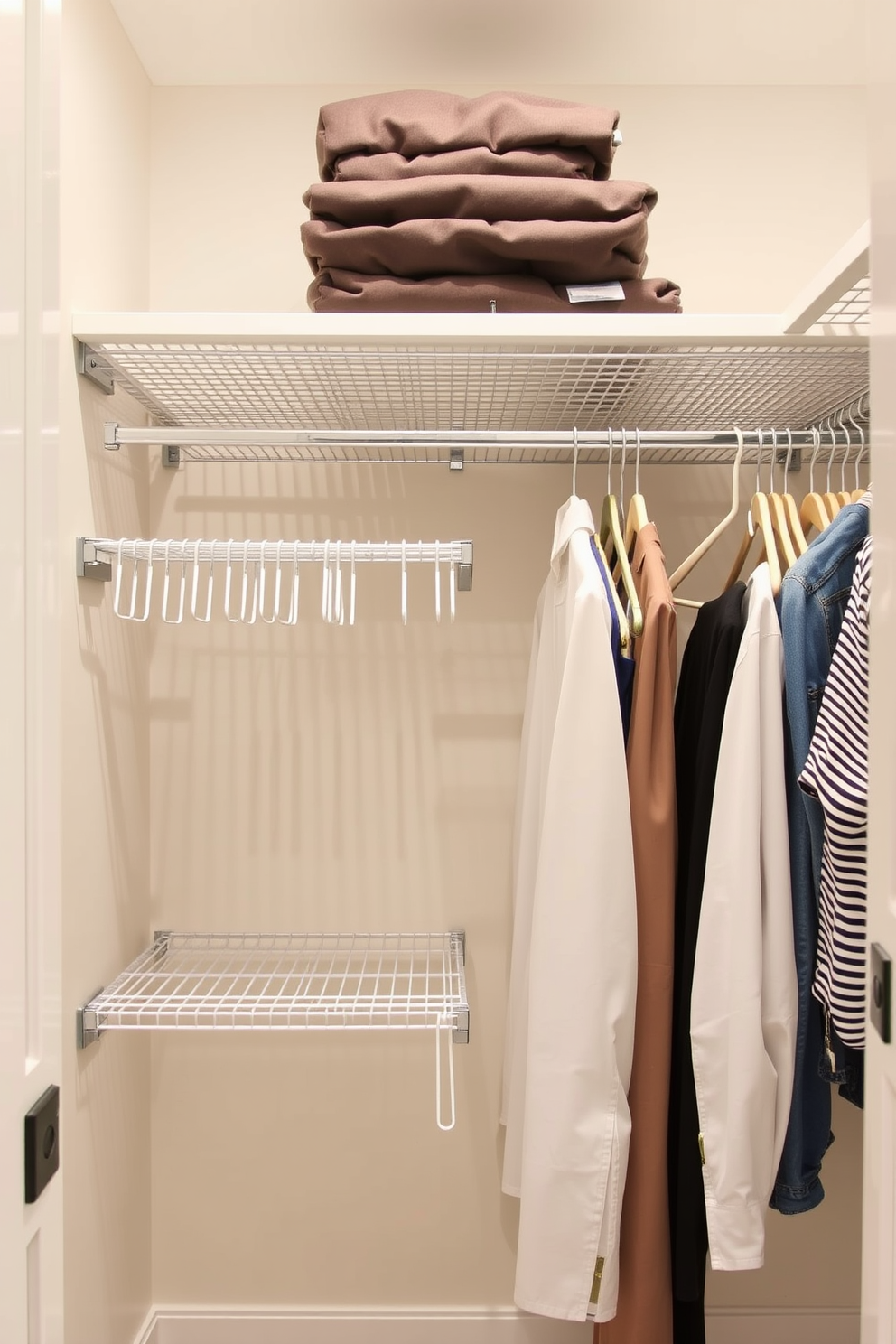 A modern walk-in closet featuring multi-tiered hanging rods for versatile storage solutions. The rods are arranged at varying heights to accommodate different clothing types, enhancing organization and accessibility.