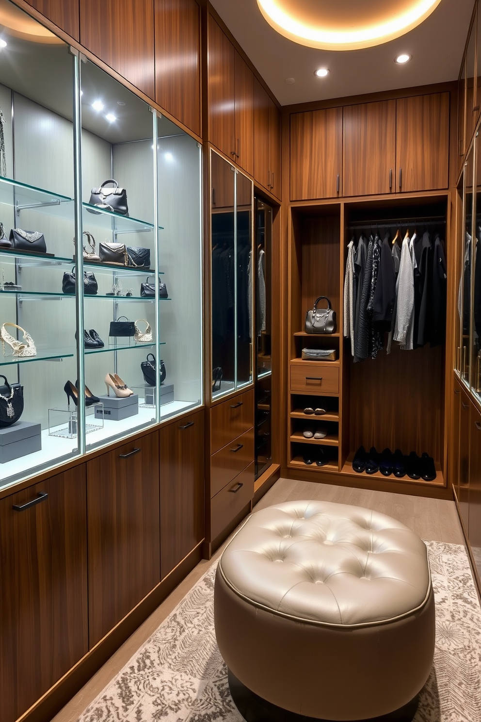 A contemporary walk-in closet featuring sleek glass display cases for accessories. The cases are illuminated with soft LED lighting, showcasing a curated collection of jewelry and handbags. The closet walls are lined with elegant cabinetry in a warm wood finish, providing ample storage for shoes and clothing. A plush area rug in neutral tones adds comfort underfoot, while a stylish ottoman offers a place to sit and put on shoes.