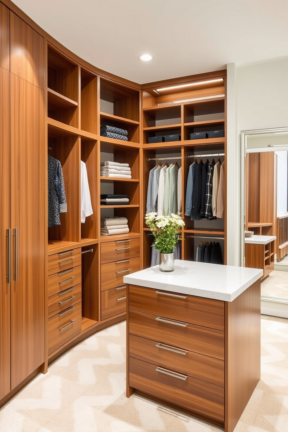 Custom cabinetry for unique styles. The closet features sleek wood finishes with integrated lighting and personalized storage solutions. Condo walk-in-closet design ideas. Ample shelving and hanging space are complemented by a stylish island with drawers for accessories and a full-length mirror.