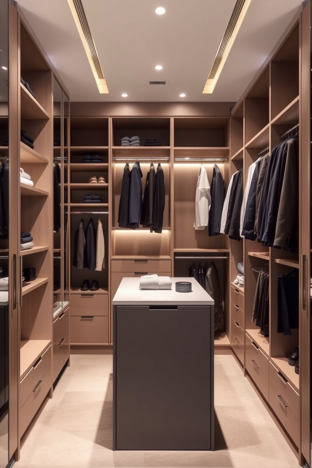 A modern walk-in closet designed for a condo features vertical storage solutions that maximize space efficiency. The walls are lined with sleek cabinetry, incorporating open shelves and hanging rods to accommodate various clothing types. In the center, a stylish island provides additional storage and a surface for accessories. Soft lighting illuminates the space, highlighting the organized layout and creating an inviting atmosphere.