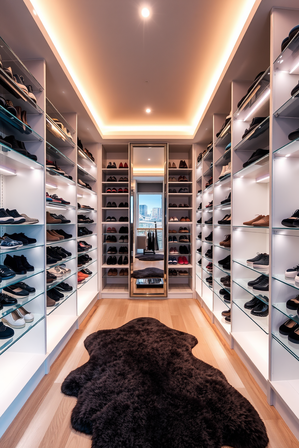 A modern walk-in closet featuring sleek shoe racks with adjustable shelves to accommodate various shoe sizes and styles. The space is illuminated by soft recessed lighting, creating a warm and inviting atmosphere. The walls are adorned with a soft neutral color, enhancing the spacious feel of the closet. A plush area rug in the center adds a touch of luxury, while a full-length mirror reflects the organized shoe display.