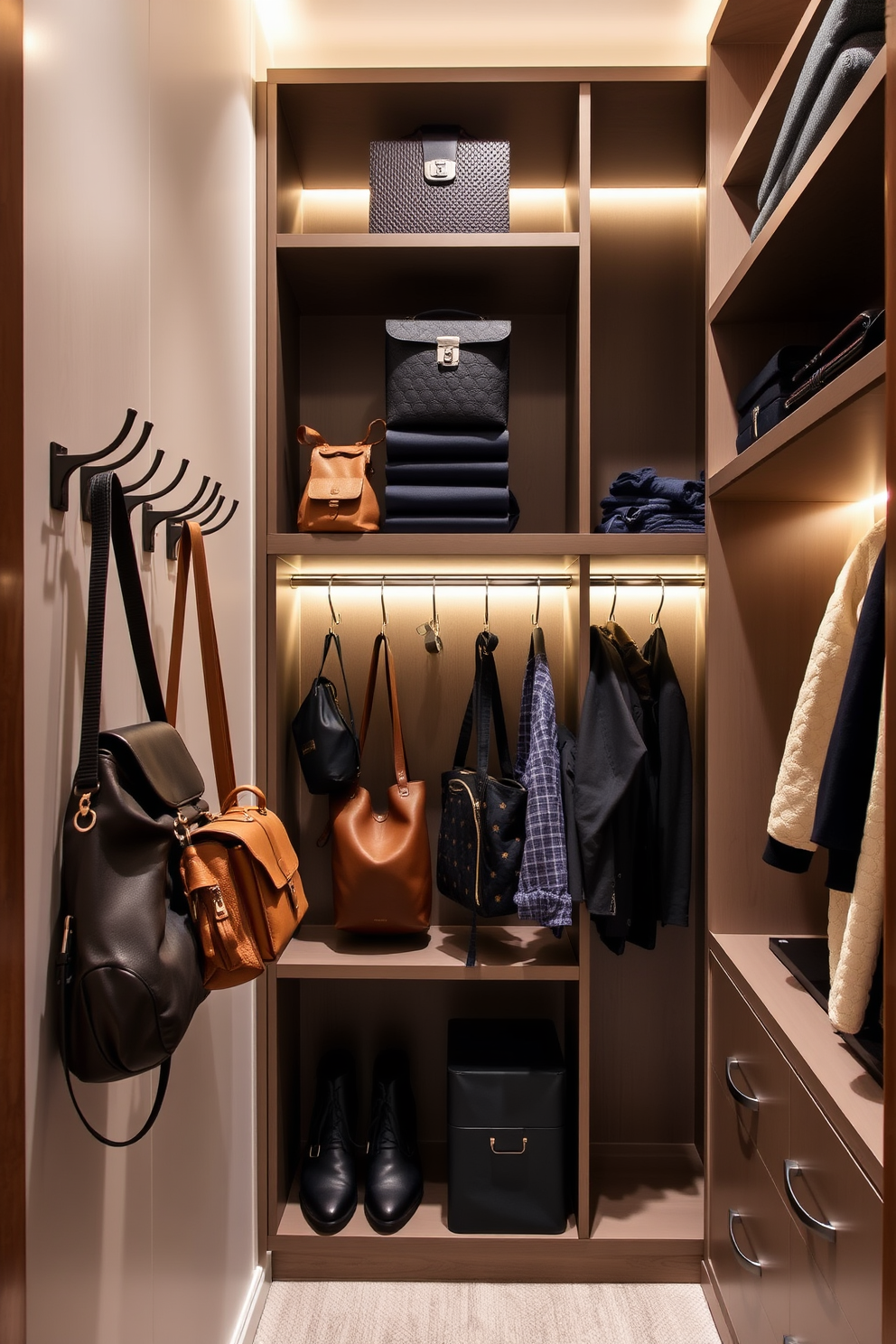 A stylish walk-in closet featuring wall-mounted hooks for bags and accessories. The space is designed with ample shelving and soft lighting to enhance the organized atmosphere.