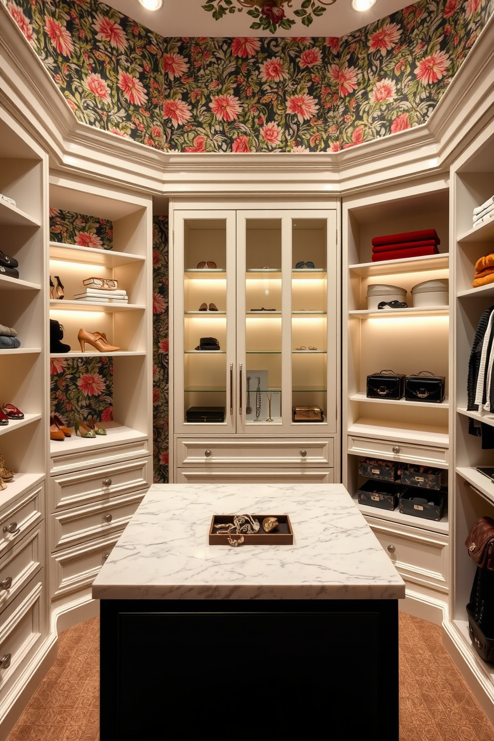 A stylish walk-in closet featuring decorative wallpaper that adds a personal touch. The walls are adorned with a vibrant floral pattern, creating a lively backdrop for the elegant shelving and storage solutions. The closet includes a central island with a marble top for accessories and jewelry display. Soft lighting highlights the rich textures of the wallpaper while providing a warm ambiance throughout the space.