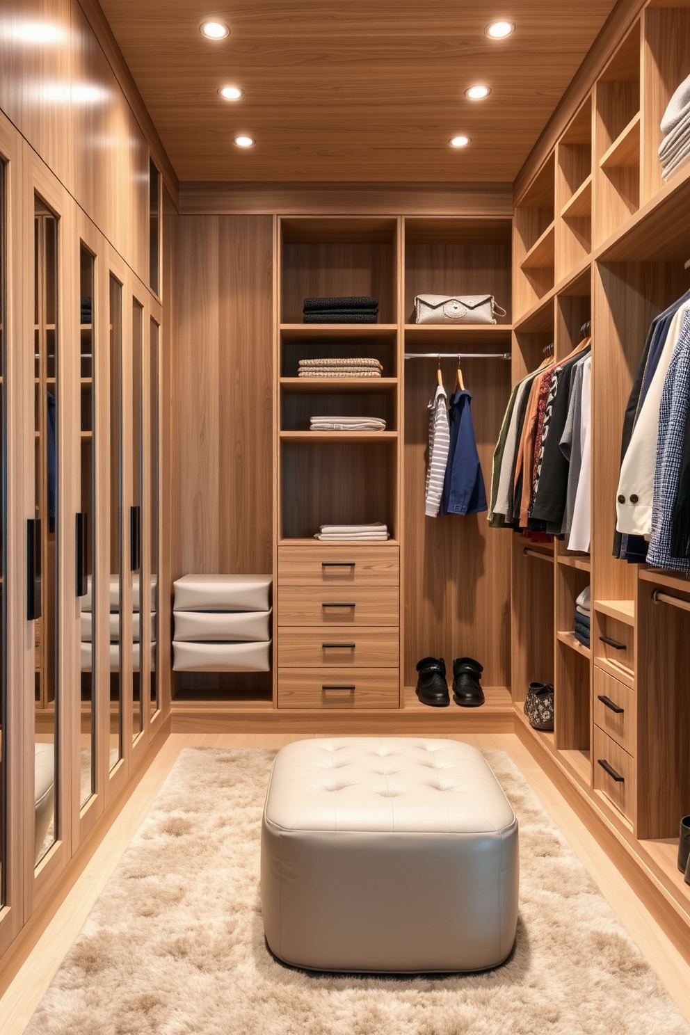 A spacious walk-in closet featuring natural wood finishes that create a warm and inviting atmosphere. The cabinetry is crafted from light oak, with open shelving and hanging rods for easy access to clothing and accessories. Soft LED lighting highlights the wood textures while providing ample illumination for the space. A plush area rug in neutral tones adds comfort underfoot, and a stylish ottoman offers a place to sit while getting dressed.