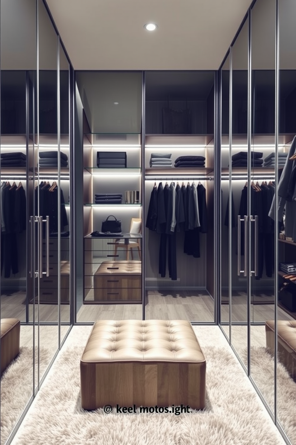 A modern walk-in closet featuring mirrored doors that create a sleek and spacious appearance. The interior is organized with elegant shelving and hanging rods, allowing for easy access to clothing and accessories. Soft ambient lighting highlights the reflective surfaces, enhancing the overall sophistication of the space. A plush area rug adds warmth underfoot, while a stylish ottoman provides a comfortable seating option.