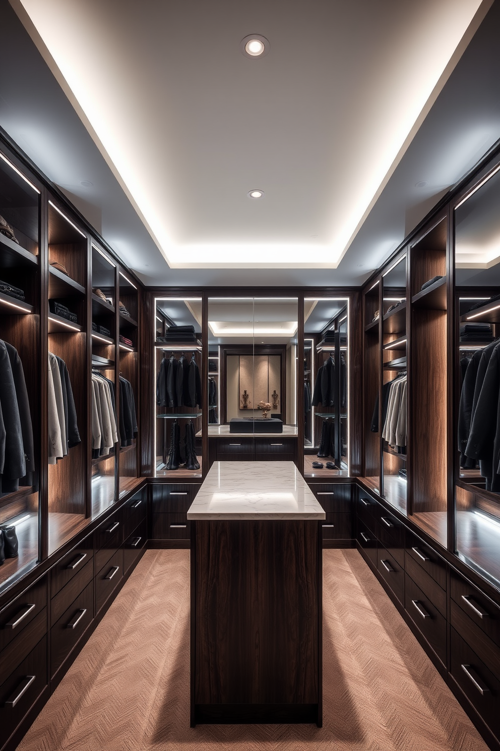 A luxurious walk-in closet featuring adjustable lighting that enhances the mood and ambiance. The space includes elegant shelving units made of dark wood, with soft LED lights illuminating the garments displayed. A central island with a marble top provides additional storage and a stylish display for accessories. Full-length mirrors are strategically placed to reflect the lighting, creating a sense of spaciousness and sophistication.